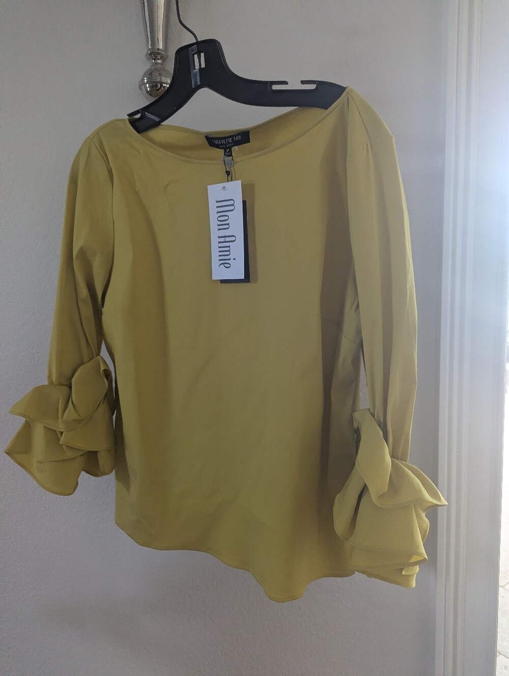 Lafayette 148 M Quince Yellow Whitby Italian Stretch Cotton Poplin Ruffle Sleeve